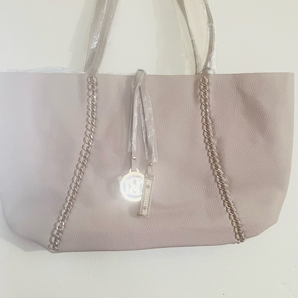 Badgley Mischka Pebbled Taupe Tote with Chain Accents